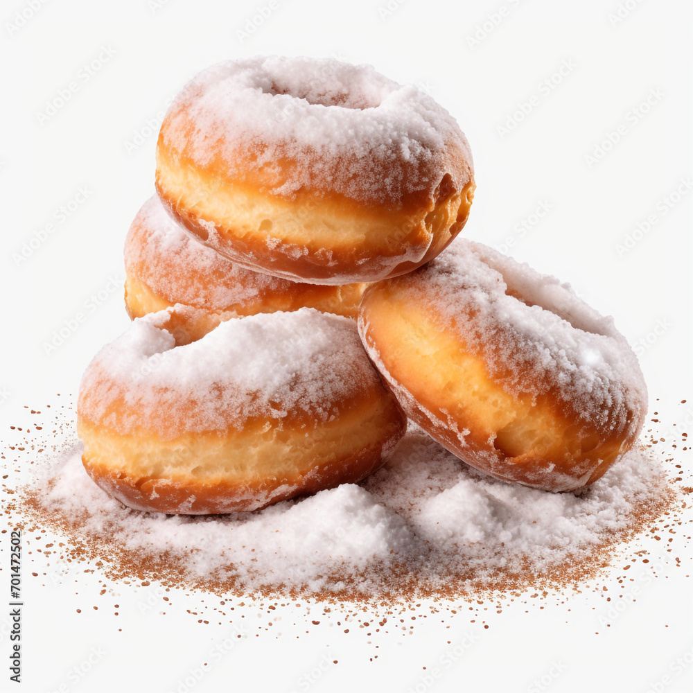 three donuts with sugar powder on transparent background created with Generative Ai