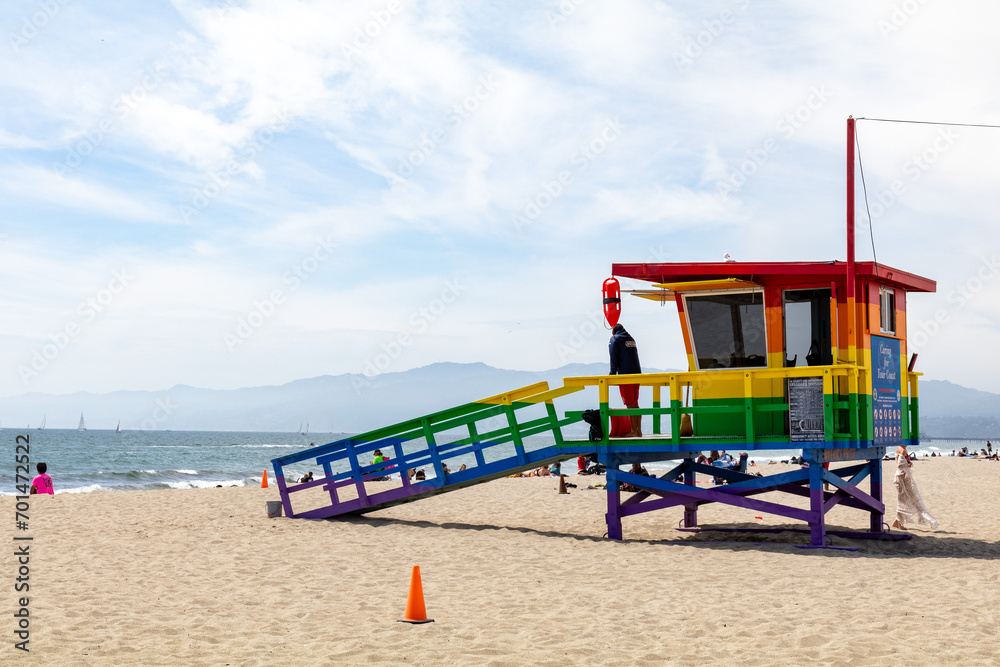Venice Pride flag lifeguard tower, California, USA Venice Pride flag lifeguard tower, California, USA