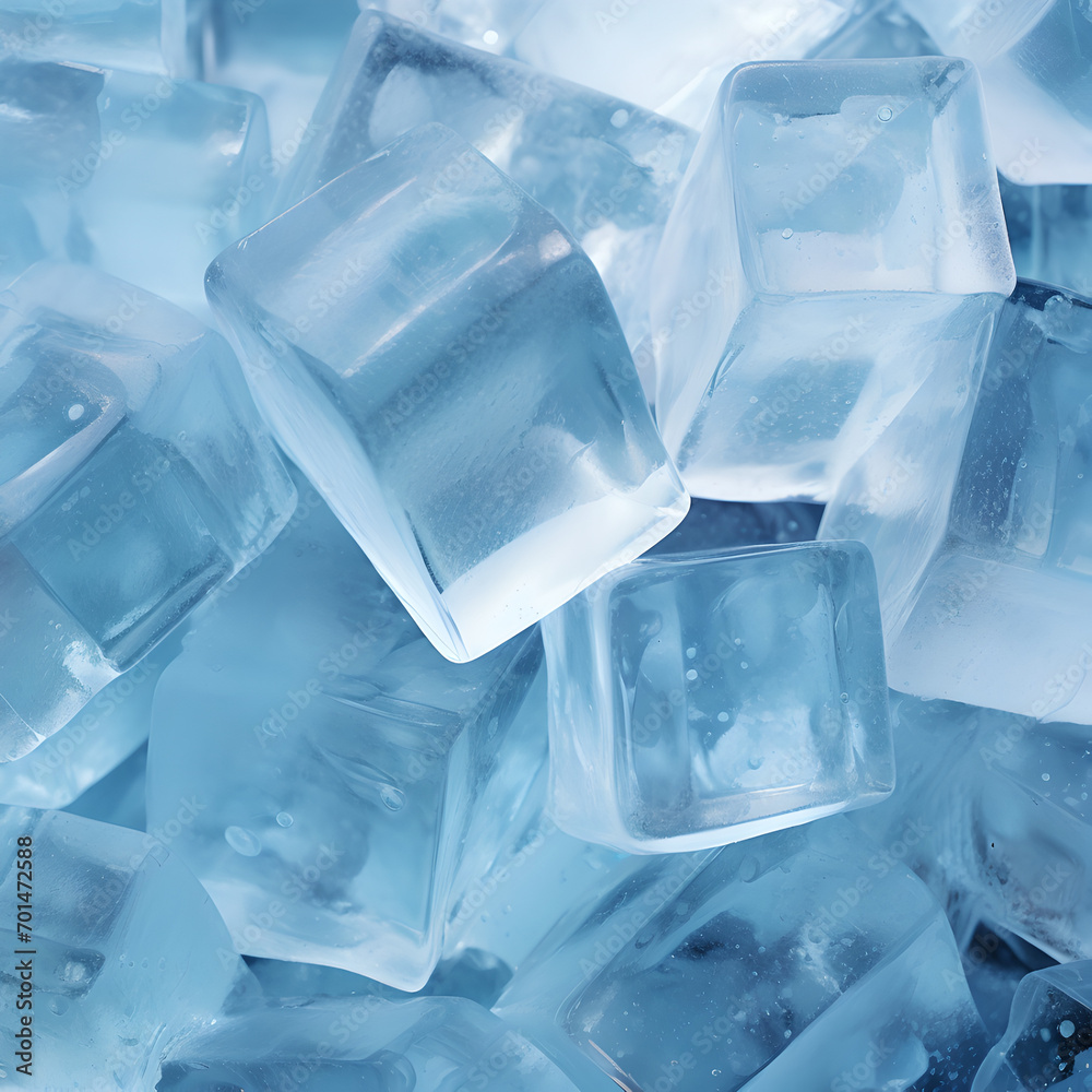 Frozen cubes for beverages - close up of ice cubes on blue background