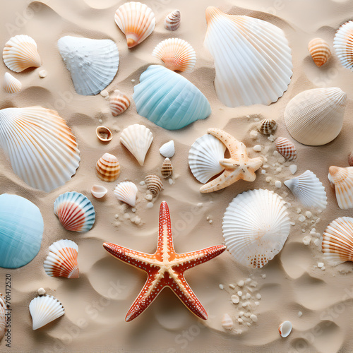 Treasures of the sea - wonderful colorful sea shells of different forms and sizes pictured from above