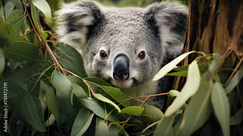 A koala with gray and white fur in a eucalyptus setting  highlighting its expressive eyes generative ai