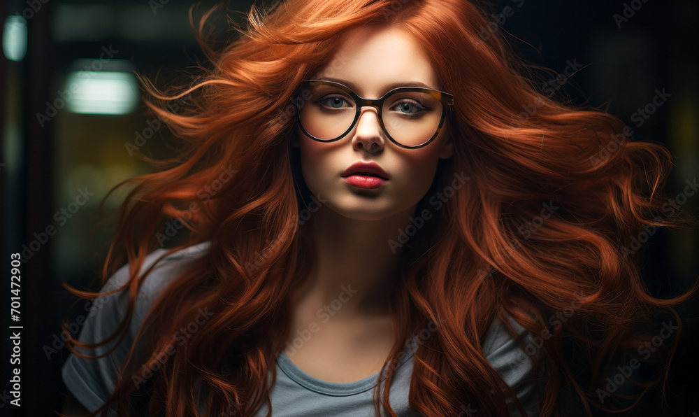 Ethereal Woman with Voluminous Flowing Red Hair and Stylish Glasses on a Dark Background