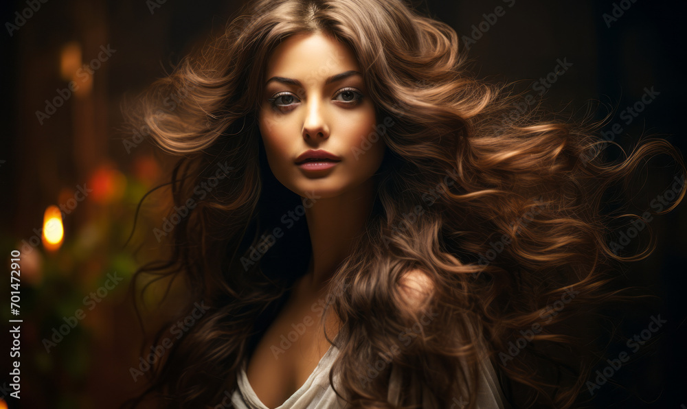 Ethereal Beauty with Flowing Dark Hair in Softly Lit Portrait Emphasizing Natural Elegance and Femininity