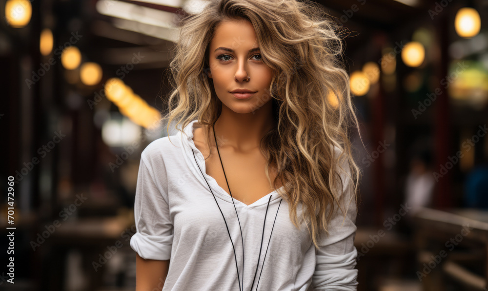 Young Fashionable Woman in Casual White Shirt and Jeans with a Pensive Look in an Urban Setting