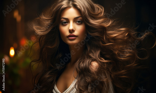 Ethereal Beauty with Flowing Dark Hair in Softly Lit Portrait Emphasizing Natural Elegance and Femininity