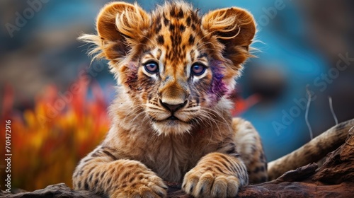 A lion cub with multicolored mane on the African savanna, showing its bravery from a young age generative ai