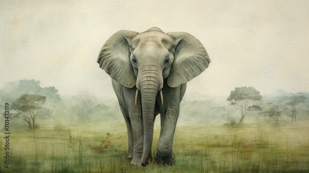 Obraz premium A little elephant with pastel colors in a green landscape, showcasing the realistic wrinkles in its skin generative ai