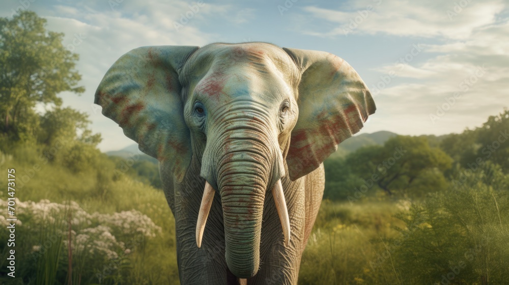 Fototapeta premium A little elephant with pastel colors in a green landscape, showcasing the realistic wrinkles in its skin generative ai