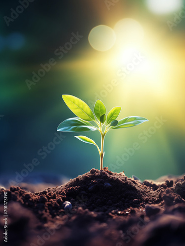 young plant sprouting from dirt, with sunlight behind it for concept of green life and ecology, in the style of detailed background elements