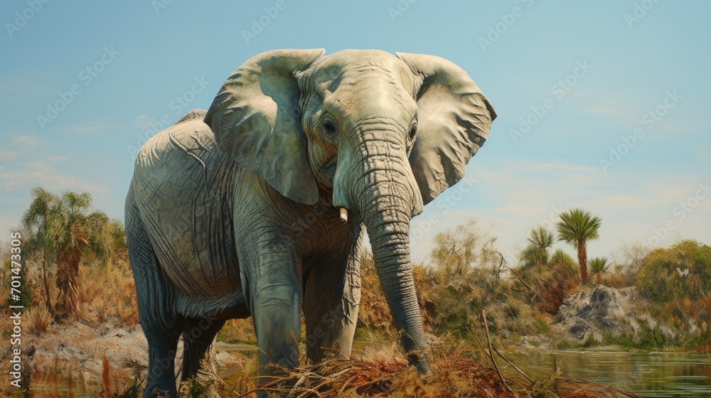 Obraz premium A little elephant with pastel colors in a green landscape, showcasing the realistic wrinkles in its skin generative ai