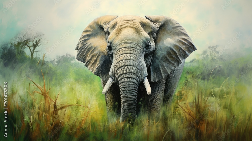 A little elephant with pastel colors in a green landscape, showcasing the realistic wrinkles in its skin generative ai - obrazy, fototapety, plakaty 