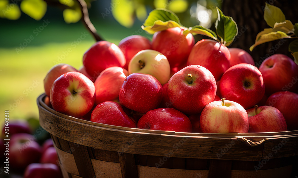 Freshly Harvested Red Apples in a Rustic Basket Under an Apple Tree Freshly Harvested Red Apples in a Rustic Basket Under an Apple Tree