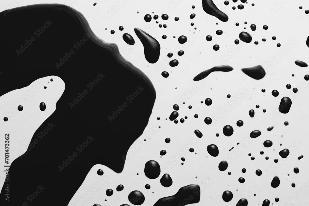 Ink Watercolor flow blot drops splash black color stain on gray paper texture background.