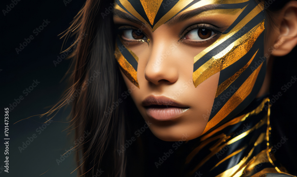 Modern Warrior: Striking Portrait of a Woman with Bold Gold Geometric Makeup and a Confident Gaze
