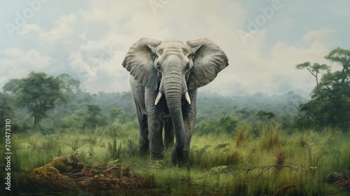 A little elephant with pastel colors in a green landscape  showcasing the realistic wrinkles in its skin generative ai