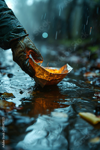 rain-soaked drain with a mysterious gloved hand emerging from the darkness, clutching a paper boat