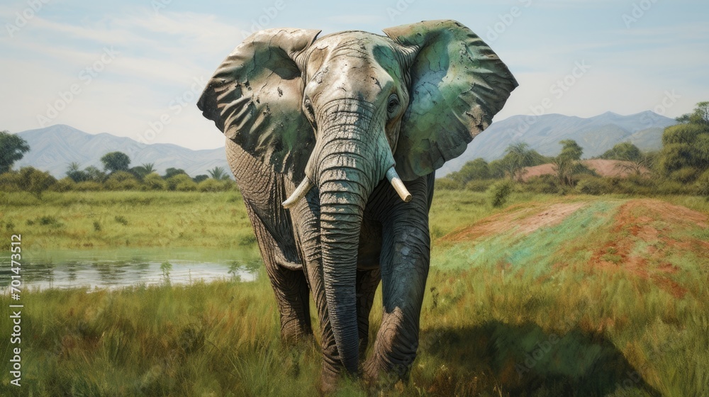 Fototapeta premium A little elephant with pastel colors in a green landscape, showcasing the realistic wrinkles in its skin generative ai