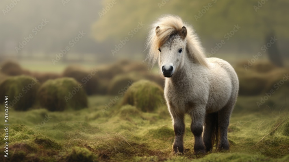 A miniature horse with soft tones in a green field, highlighting the texture of its coat generative ai A miniature horse with soft tones in a green field, highlighting the texture of its coat generative ai