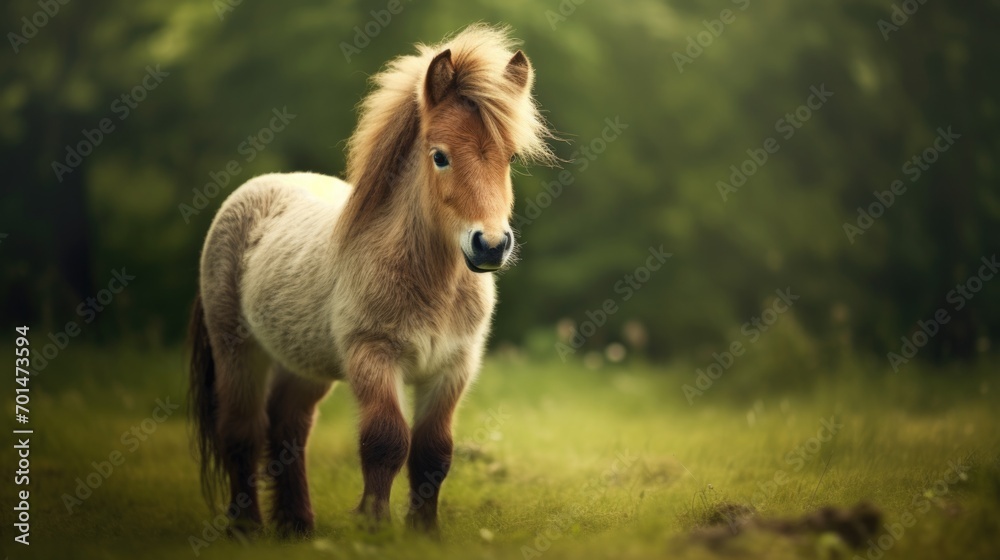 A miniature horse with soft tones in a green field, highlighting the texture of its coat generative ai A miniature horse with soft tones in a green field, highlighting the texture of its coat generative ai