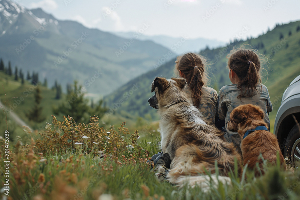 Obraz premium Family on a hiking trip in the mountains. A tourist with a backpack walks in the mountains at sunset. Fog. Travel concept. Landscape with traveler, foggy hills, forest, amazing sky and sunlight.