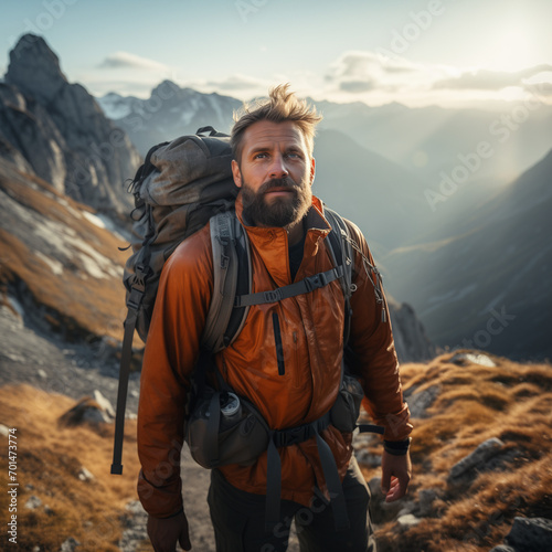 Male tourist with hiking equipment in the mountains.A tourist with a backpack walks in the mountains at sunset.Fog.Travel concept.Landscape with traveler, foggy hills, forest, amazing sky and sunlight