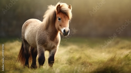 A miniature horse with soft tones in a green field, highlighting the texture of its coat generative ai © Francheska