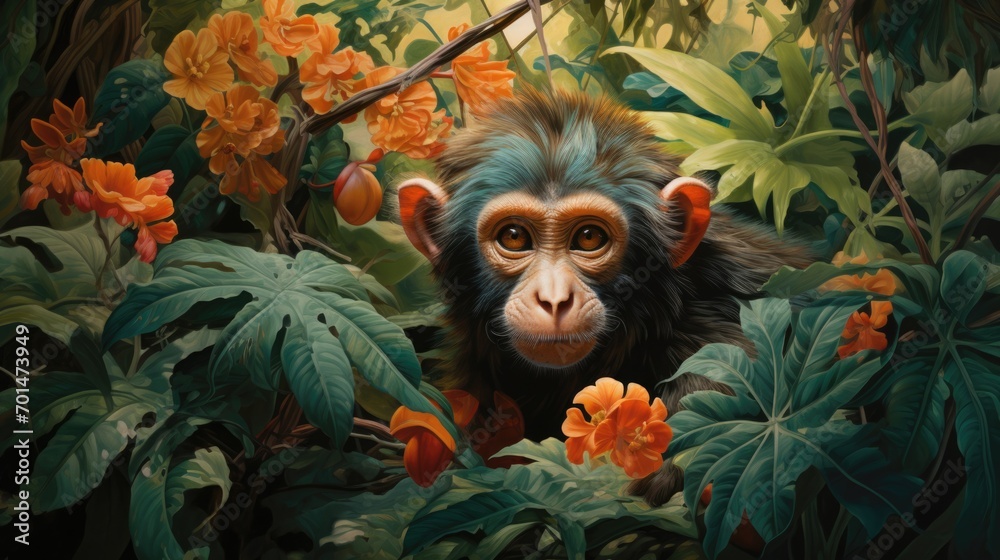illustration of a monkey with tropical tones in a lush jungle, emphasizing the curiosity in its eyes. generative ai - obrazy, fototapety, plakaty 