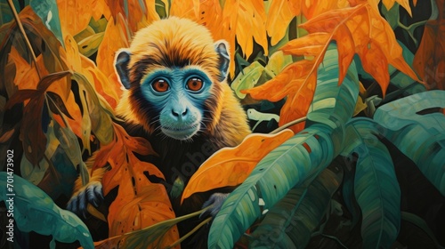 illustration of a monkey with tropical tones in a lush jungle  emphasizing the curiosity in its eyes. generative ai