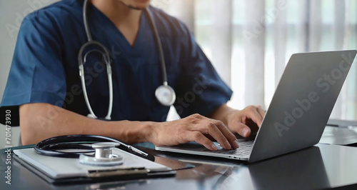 Close-up of a male doctor using a stethoscope while working and typing on a laptop in his office, generative ai photo
