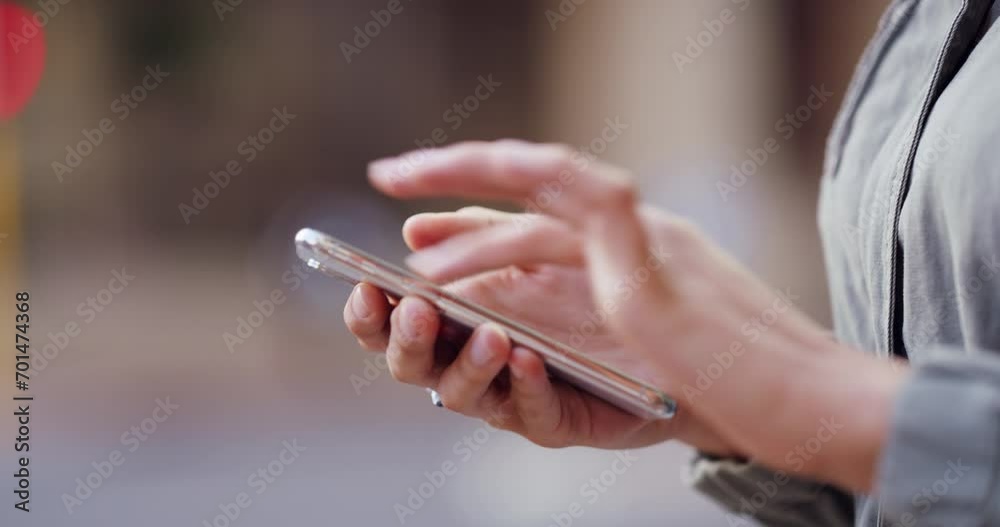 Hands, mobile app or woman in city on social media to chat on internet post or website notification. Phone, news search or closeup person of texting, networking or typing online on blog in street