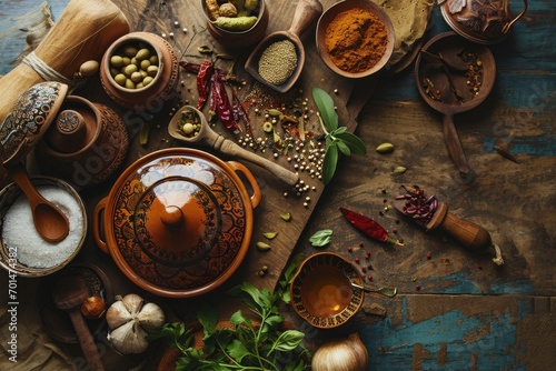 Culinary Exploration: Dive into the Rich Culture of Morocco with a Top-View Display of Tagine Ingredients, Infused with Exotic Spices and Aromas.