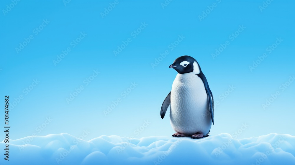 Naklejka premium A small penguin with striking colors against an intense blue backdrop generative ai