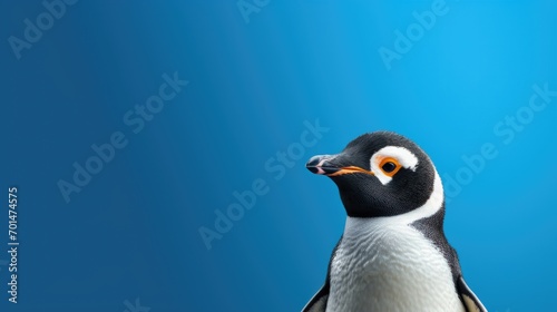 A small penguin with striking colors against an intense blue backdrop generative ai © Francheska