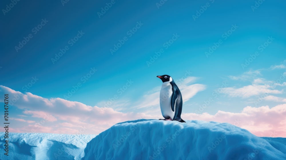 Obraz premium A small penguin with striking colors against an intense blue backdrop generative ai