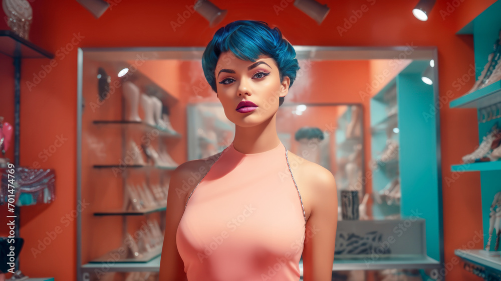 Sexy young woman with blue hair in silk evening dress stands in front of a store window. Small business owner in front of her store Sexy young woman with blue hair in silk evening dress stands in front of a store window. Small business owner in front of her store