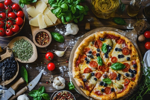 Artfully Arranged Pizza Ingredients Flat Lay on a Wooden Background. A Delicious Pizza Takes Up Half of the Wooden Table, While the Other Half Offers an Empty Space for Text, Copy Space for Promotions