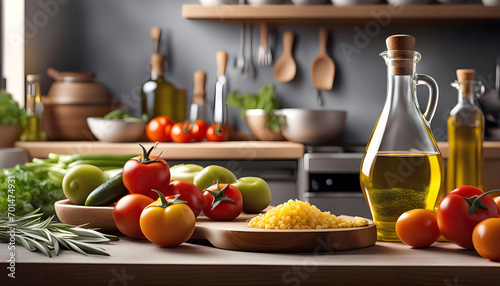 Light culinary background with kitchen board, vegetables and olive oil in a bottle. Blank space for menu or recipe,