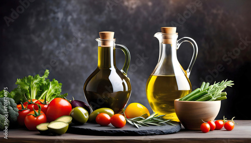 Light culinary background with kitchen board, vegetables and olive oil in a bottle. Blank space for menu or recipe,