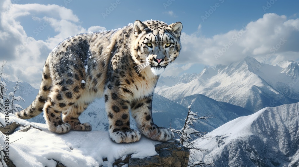 Obraz premium A snow leopard with fluffy fur in a mountainous landscape, capturing its elegance generative ai