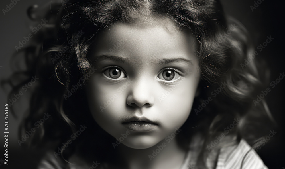 Expressive Black and White Portrait of a Toddler with Curly Hair and Captivating Big Blue Eyes