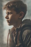 Contemplative boy with a hopeful gaze in moody light