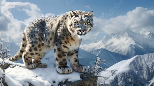 A snow leopard with fluffy fur in a mountainous landscape  capturing its elegance generative ai