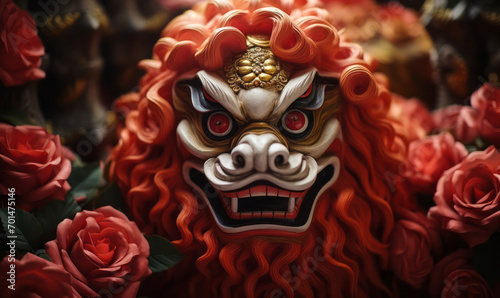 Traditional Chinese lion dance mask surrounded by red peonies, symbolizing prosperity and good fortune