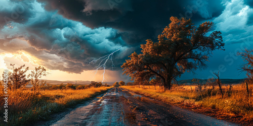 Apocalyptic Vision of a Supercell Thunderstorm with Dramatic Lightning Strike on a Rural Road, Embodying Nature's Fury