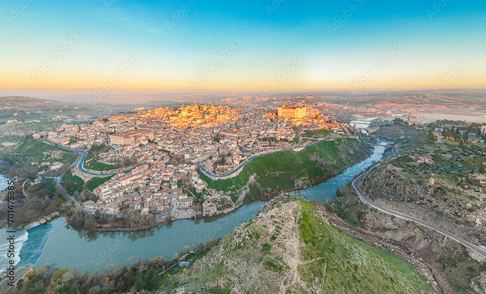 Panoramic aerial views of the Alcázar of Toledo during sunrise