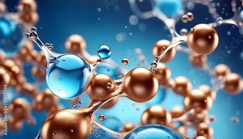 Cosmetic essence, liquid water molecules, molecules inside liquid against DNA water splash background, 3d rendering