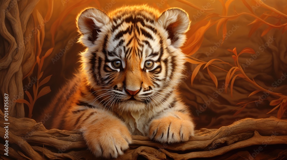 A tiger cub with realistic stripe details on a warm and cozy background generative ai A tiger cub with realistic stripe details on a warm and cozy background generative ai
