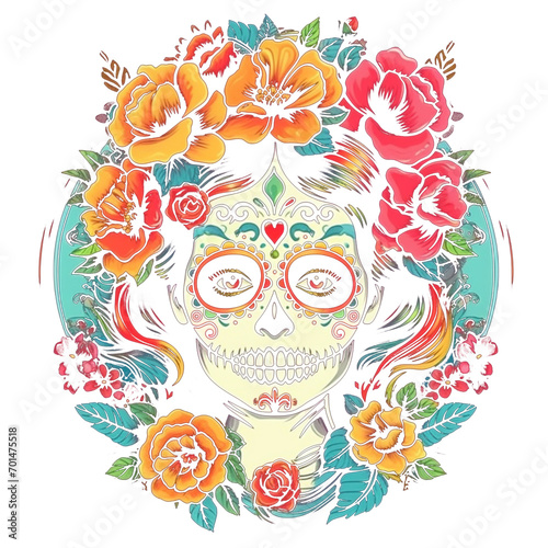 Skull mit Blumen im Stil von Frida Kahlo photo