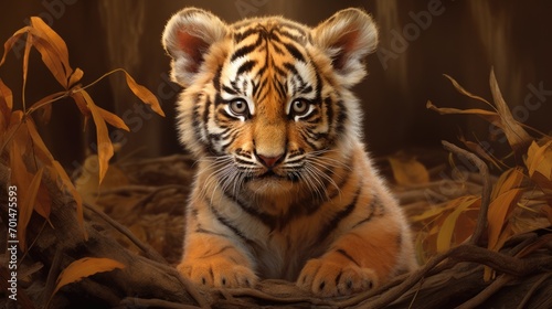 A tiger cub with realistic stripe details on a warm and cozy background generative ai