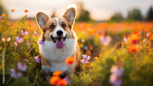 A tricolor corgi in a field of flowers  displaying its energy and charm generative ai